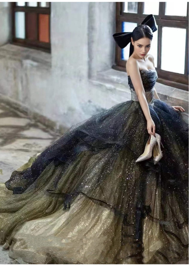 Gothic Dark Fairy Sequined Ball Gown Evening Gown - Strapless Gothic Tulle Wedding Dress Plus Size