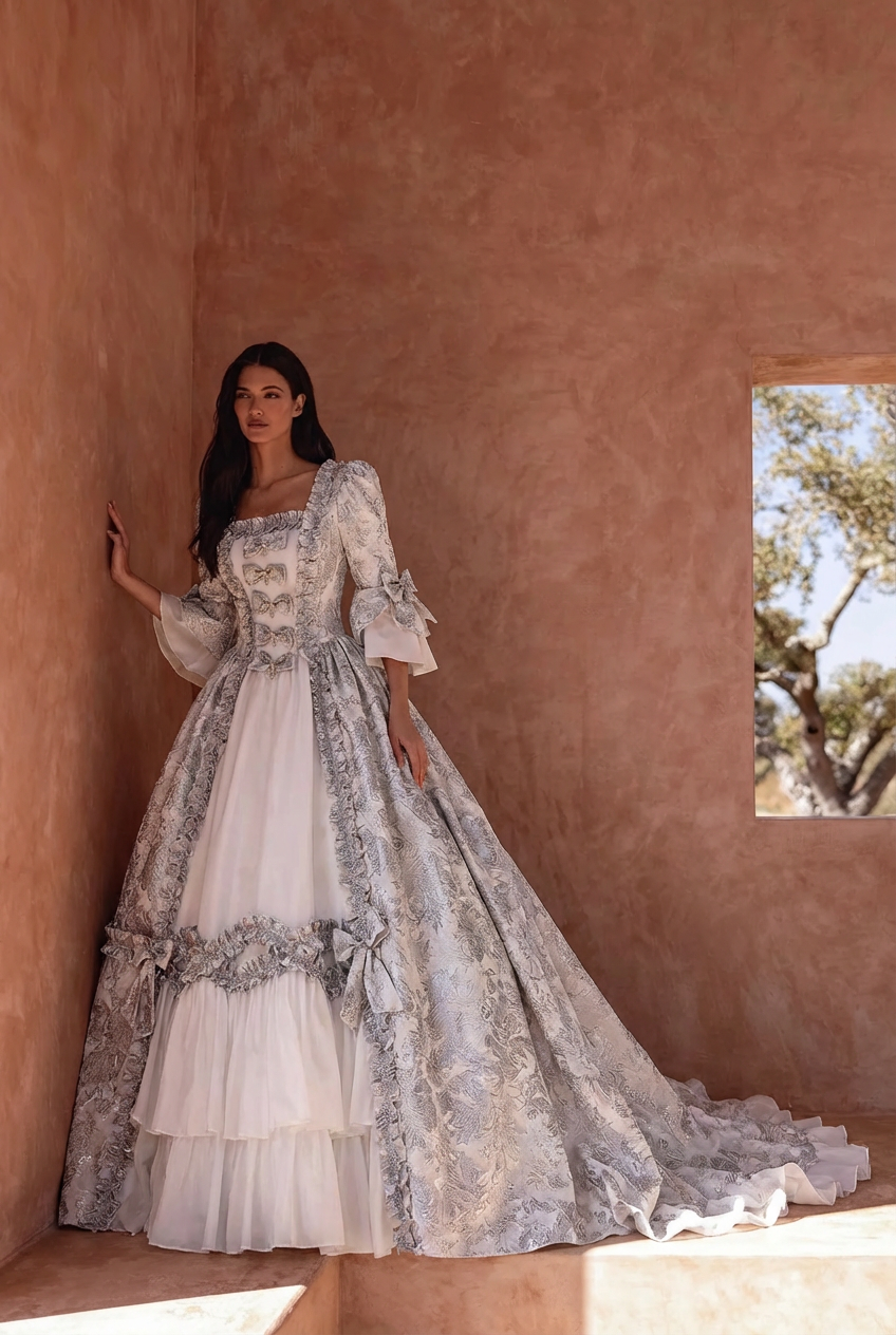 Vintage Inspired Rococo Pale Blue Brocade Dress - 18 Century Gown