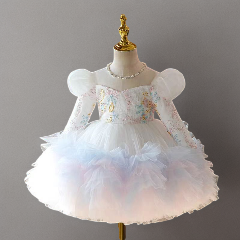 White Long Sleeve Lace Tulle Flower Girl Dress with Floral Embroidery for Special Occasion - Plus Size White Long Sleeve Lace Tulle Flower Girl Dress with Floral Embroidery for Special Occasion - Plus Size