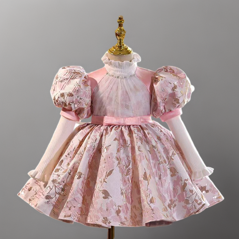 long sleeve flower girl dress pink Blush Pink Long Sleeve Flower Girl Dress with Puff Sleeves and Floral Brocade for Special Occasion