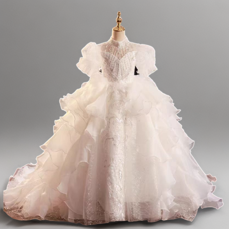 Fairy White High-Neck Ruffled Tulle Flower Girl Dress with Beaded Appliqué and Long Train