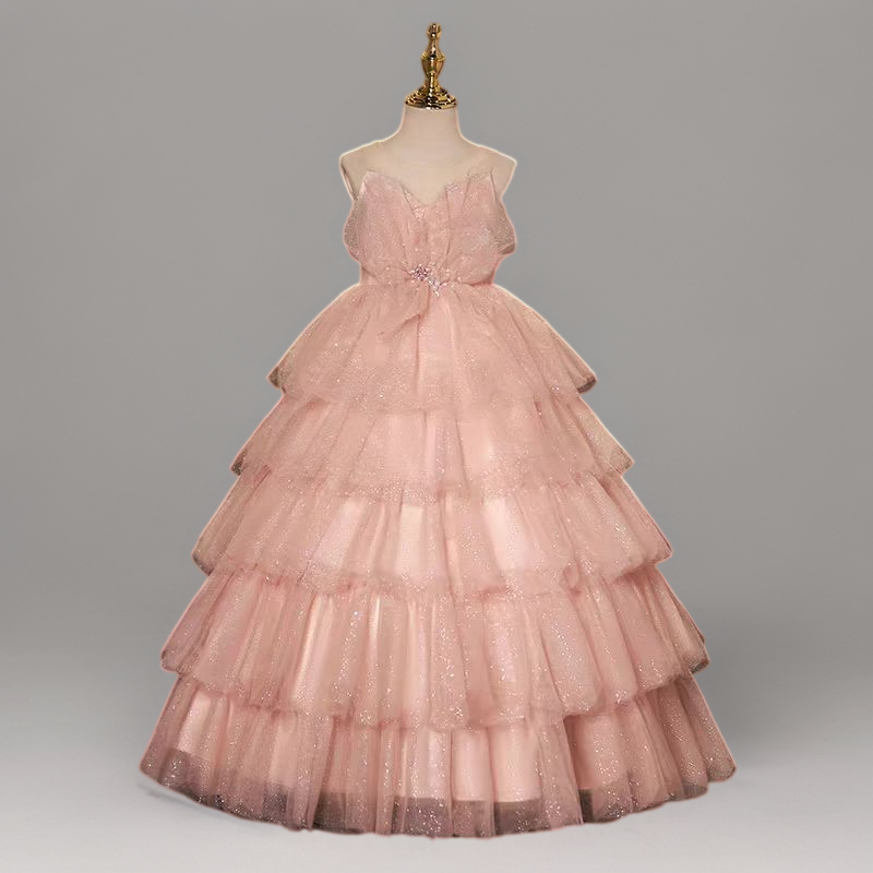 Blush Pink Layered Tulle Flower Girl Dress with Spaghetti Straps and G –  WonderlandByLilian