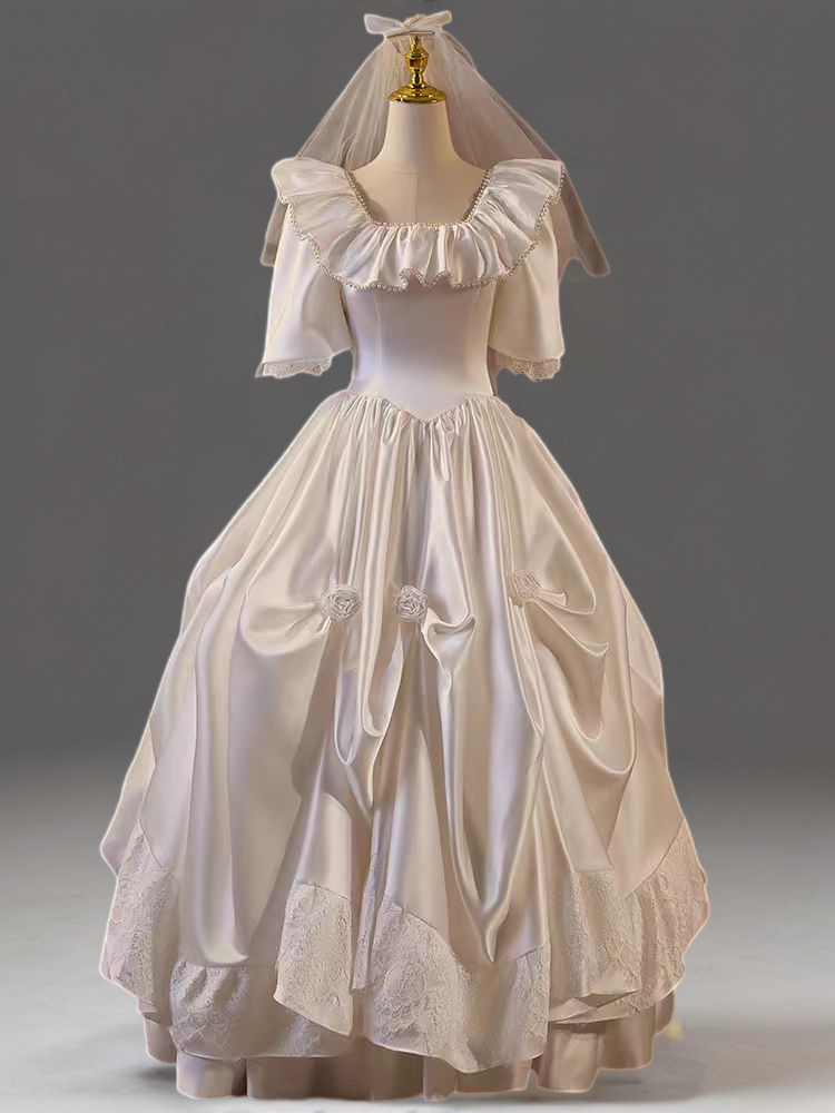 Vintage Victorian Ivory Antique White Satin Ball Gown Wedding