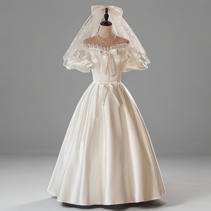 Victorian Antique Vintage Ivory White Satin A-Line Wedding Dress with