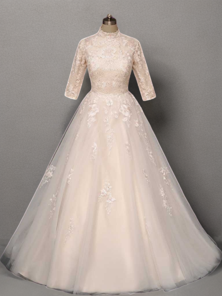 Champagne Pink Lace Ball Gown Wedding Dress with High Neck