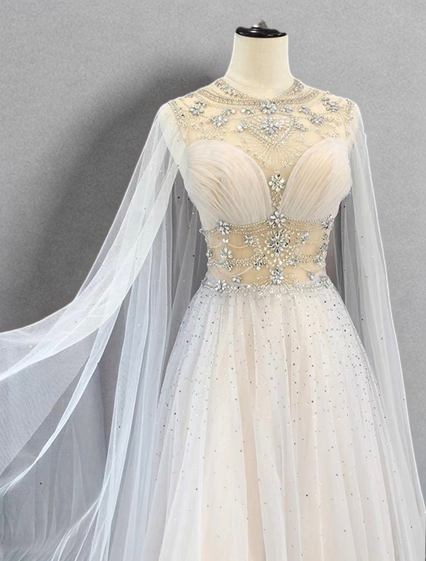 Fairy Tulle Wedding Dress With Cape White Beaded Ball Gown With Embellished Plus Size