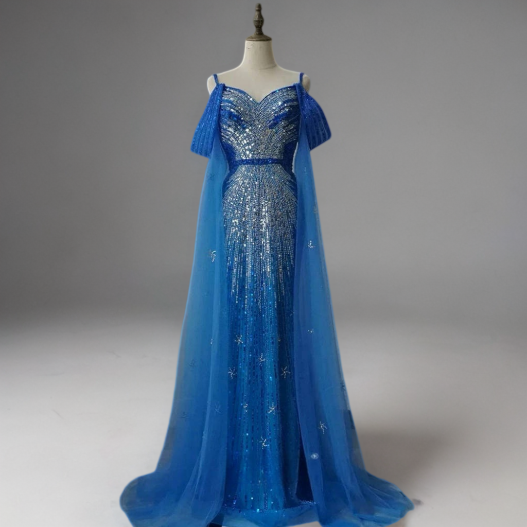 Green Sequin Evening Gown with Pleated Sleeves – Sparkly Maxi Dress with Tulle Train Plus Size