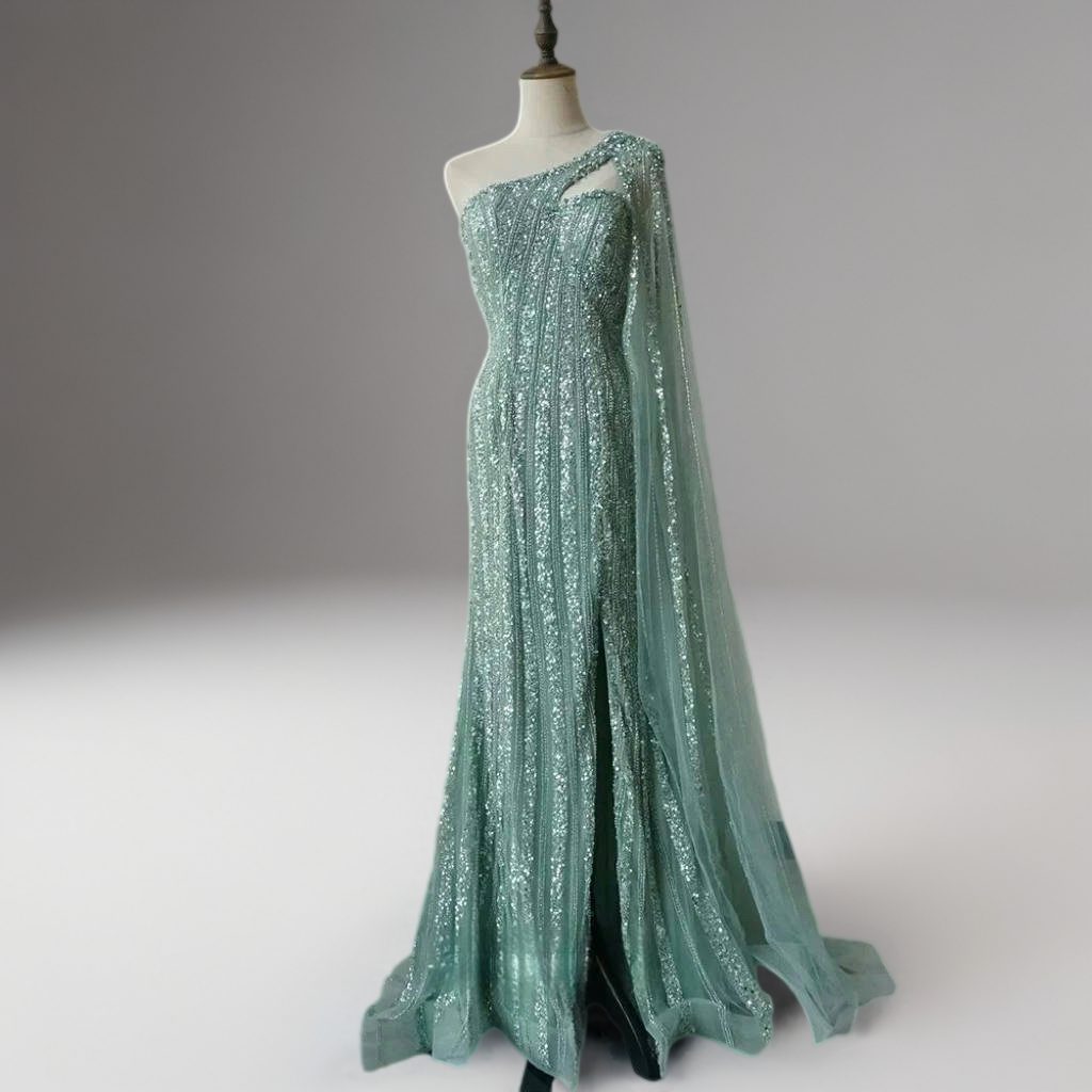 Mint Green One-Shoulder Sequin Evening Gown – Glitter Maxi Dress with Cape Sleeve and Train Plus Size
