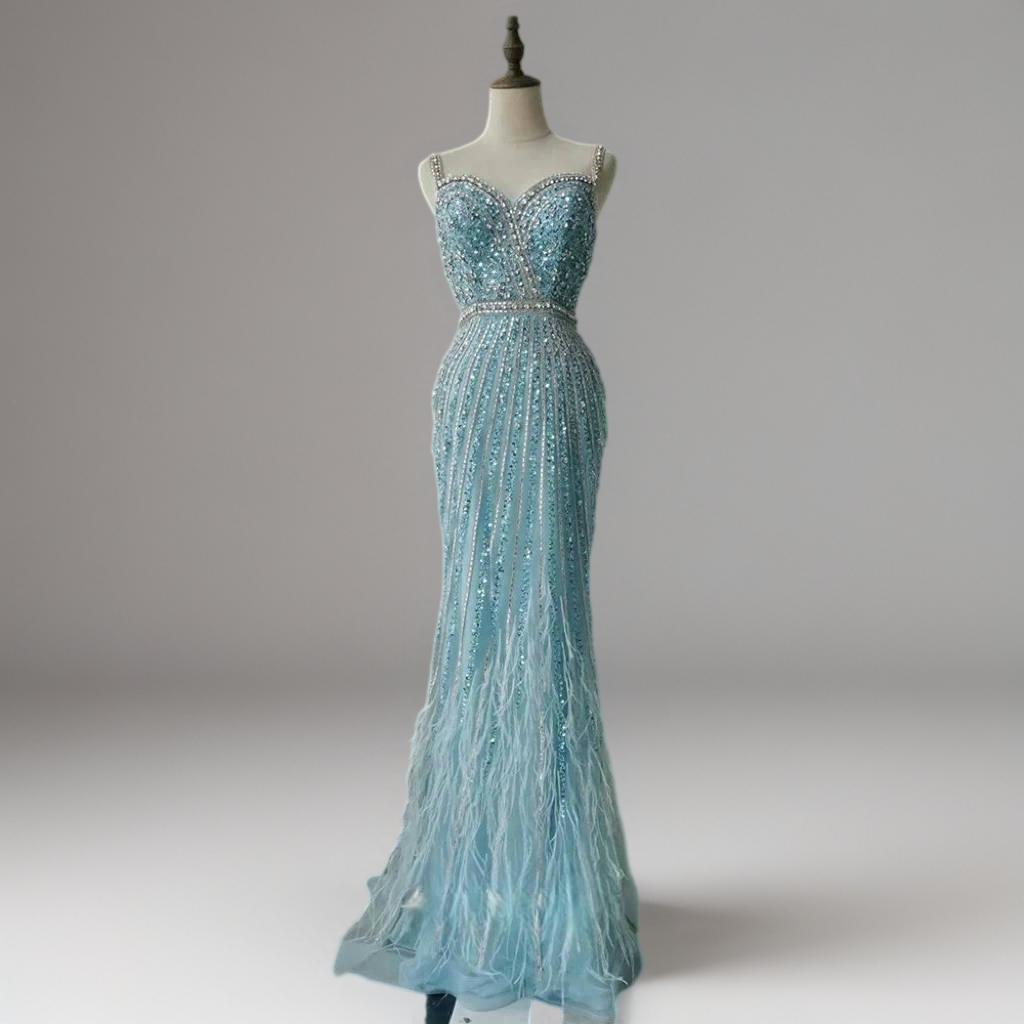 Light Blue Sequin and Feather Dress with Sleeveless – Sparkly Maxi Dre –  WonderlandByLilian