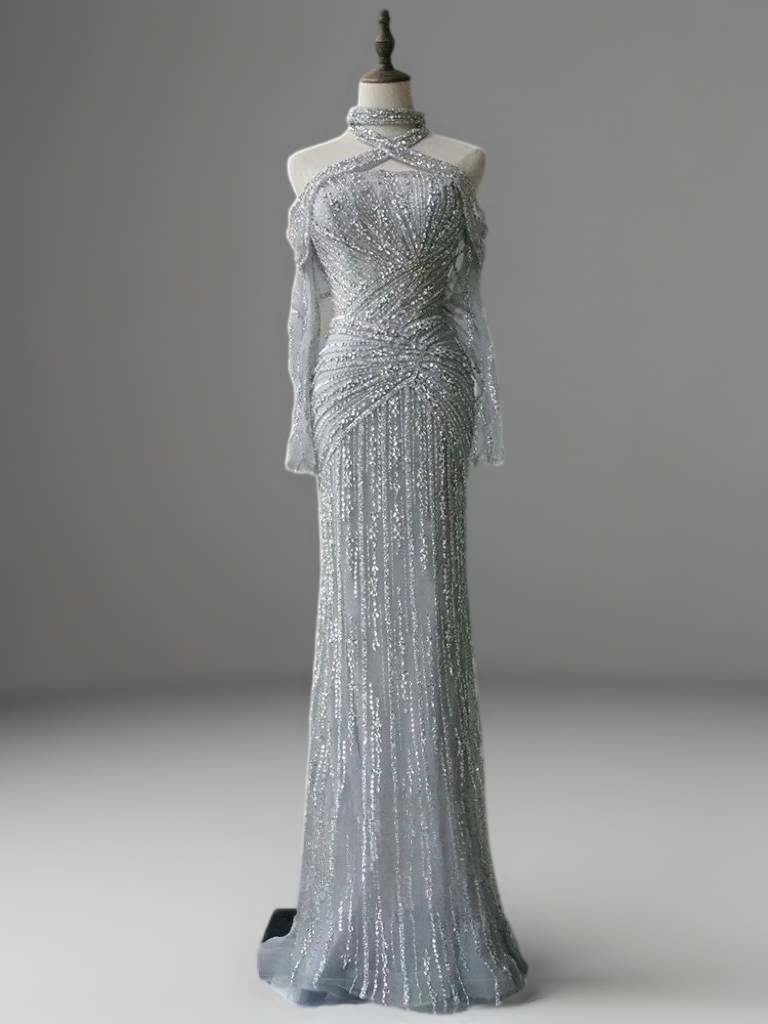 Silver Sequin Evening Gown with Crisscross Halter Neck – Glitter Maxi Dress