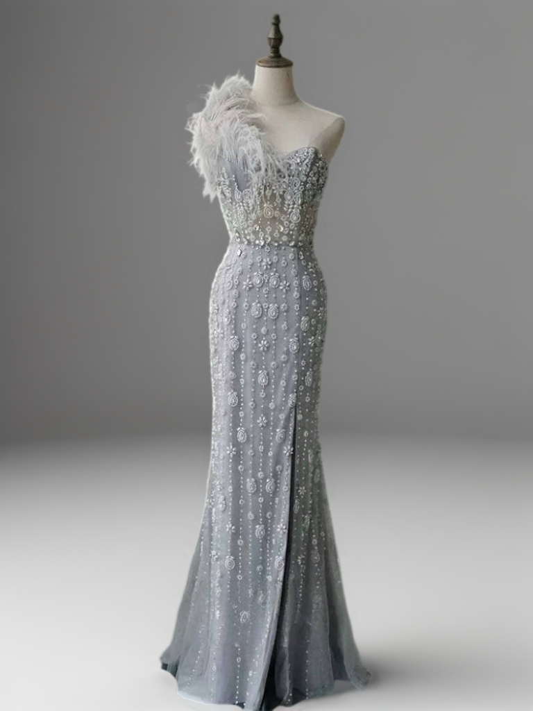 strapless open back dress Silver Sequin and Feather Dress – One Shoulder Embellished Gown with Slit Plus Size Size 12 / Silver