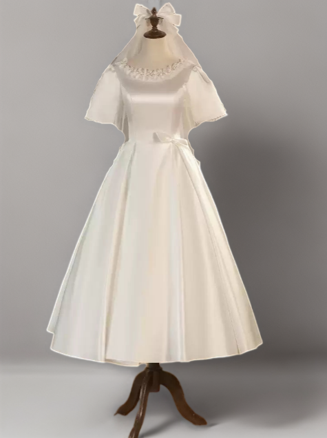 Satin Tea Length Wedding Dress with Floral Neckline – Simple Short Sleeve Wedding Dress with Bow Detail Plus Size