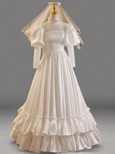Victorian High Neck Wedding Dress with Puff Sleeves – Long Sleeves Wedding Dress with Ruffle Hem Plus Size