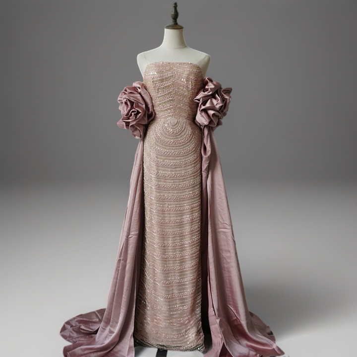 Champagne Strapless Glitter Dress with Rosette Sleeves – Illusion Formal Dress Plus Size