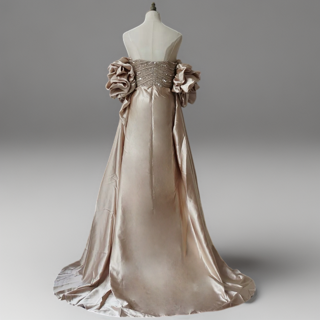 Champagne Strapless Glitter Dress with Rosette Sleeves – Illusion Formal Dress Plus Size