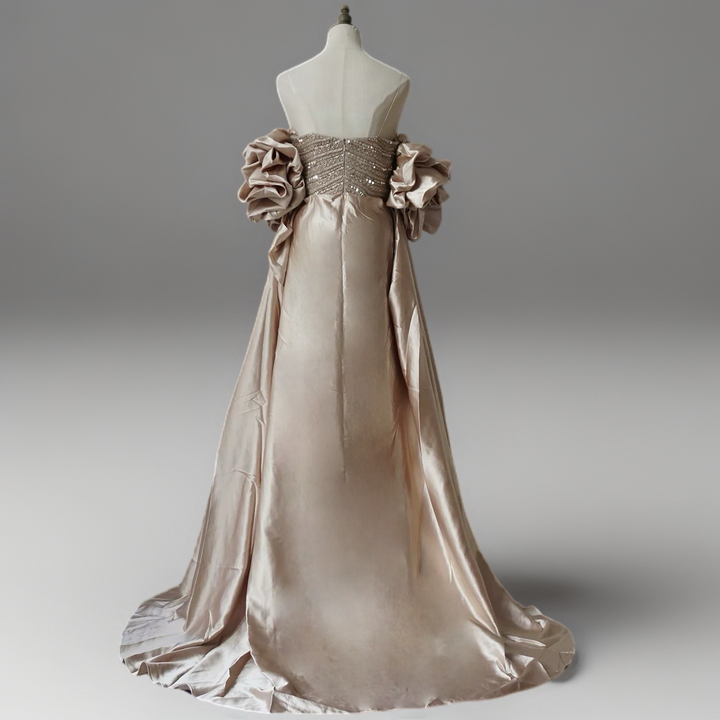 Champagne Strapless Glitter Dress with Rosette Sleeves – Illusion Formal Dress Plus Size