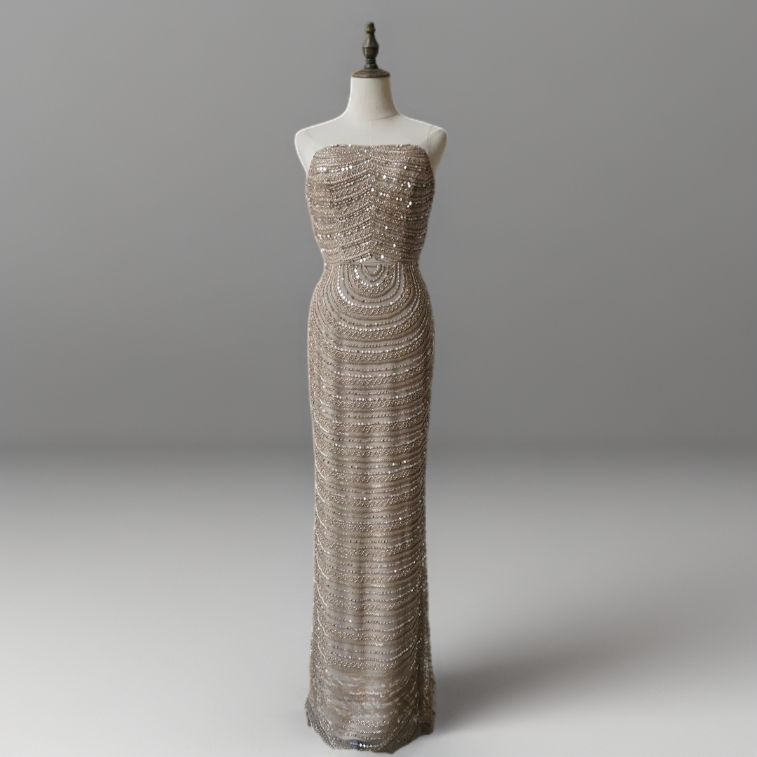 Champagne Strapless Glitter Dress with Rosette Sleeves – Illusion Formal Dress Plus Size