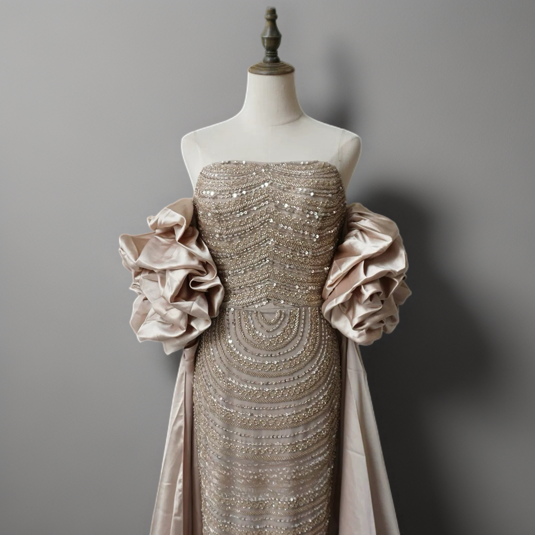 Champagne Strapless Glitter Dress with Rosette Sleeves – Illusion Formal Dress Plus Size