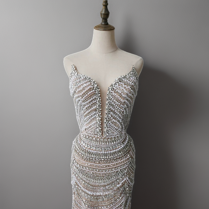 Nude Sequin Embellished Gown - Mermaid Evening Dress with Plunging Neckline – Designer Sequin Gown Plus Size