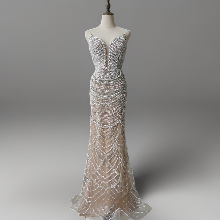 Nude Sequin Embellished Gown - Mermaid Evening Dress with Plunging Neckline – Designer Sequin Gown Plus Size