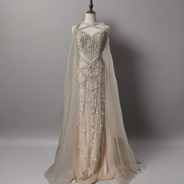Champagne Embellished Gown with Halter Neckline – Illusion Formal Dress with Tulle Plus Size