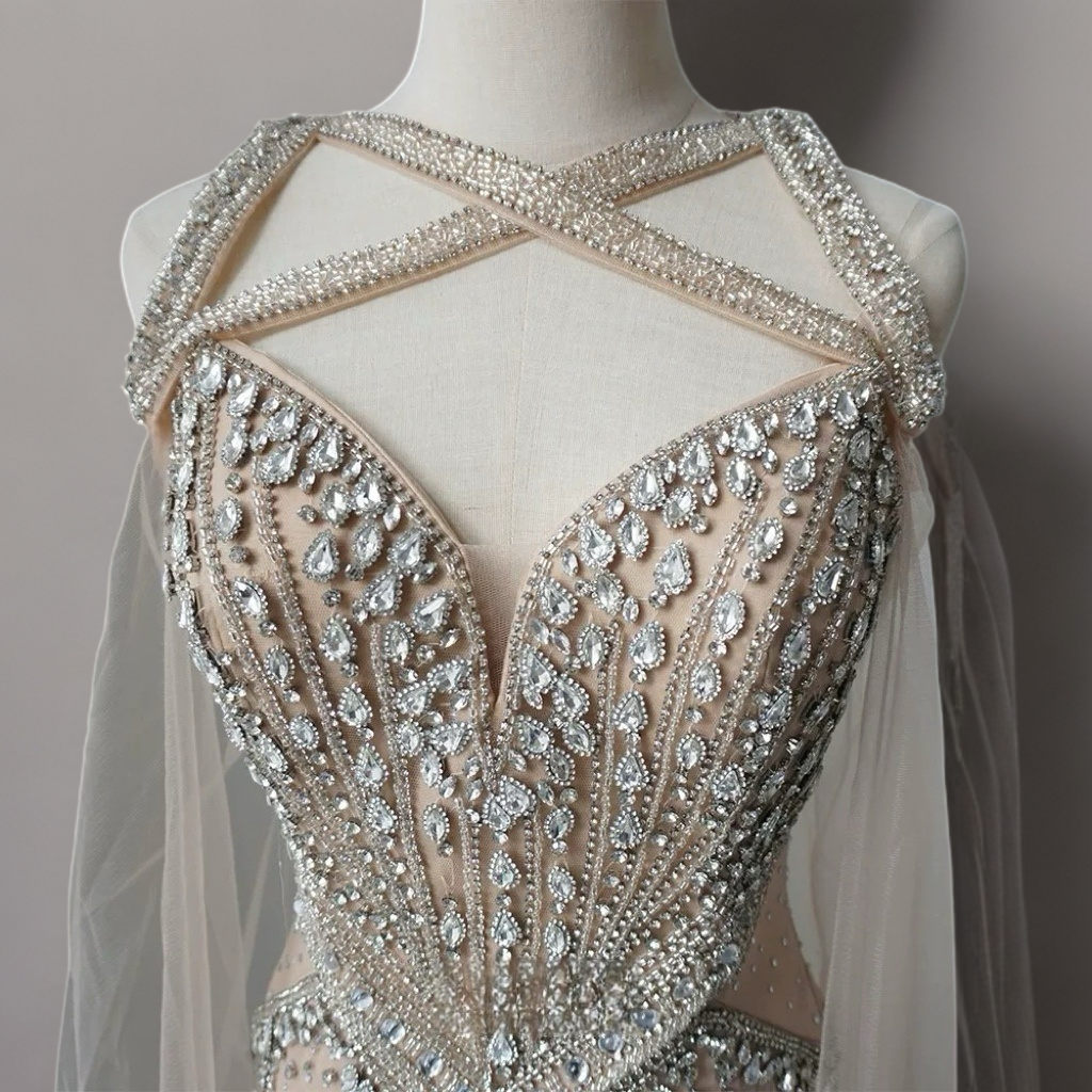 Champagne Embellished Gown with Halter Neckline – Illusion Formal Dress with Tulle Plus Size