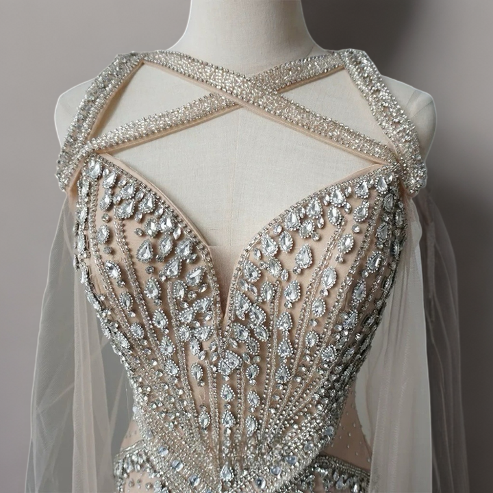 Champagne Embellished Gown with Halter Neckline – Illusion Formal Dress with Tulle Plus Size