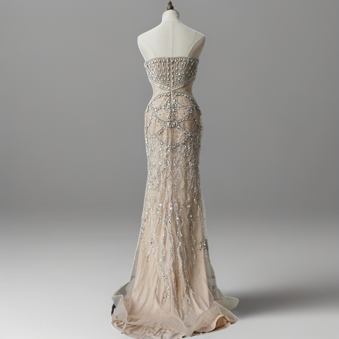 Champagne Embellished Gown with Halter Neckline – Illusion Formal Dress with Tulle Plus Size