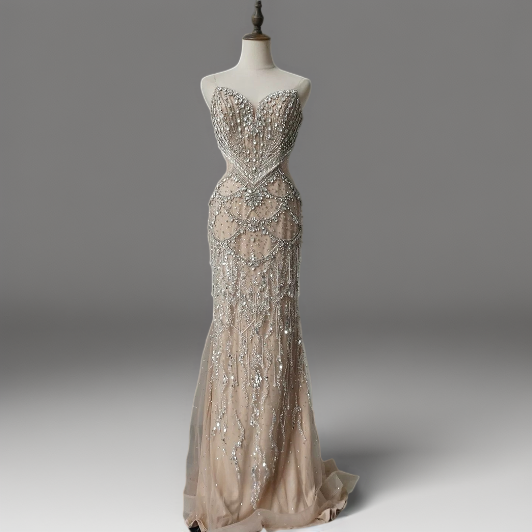 Champagne Embellished Gown with Halter Neckline – Illusion Formal Dress with Tulle Plus Size