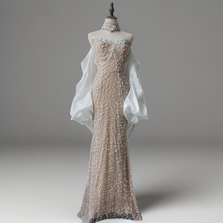 Nude Strapless Glitter Dress -  Beaded Evening Dress with White Satin Wrap – Embellished Gown Plus Size