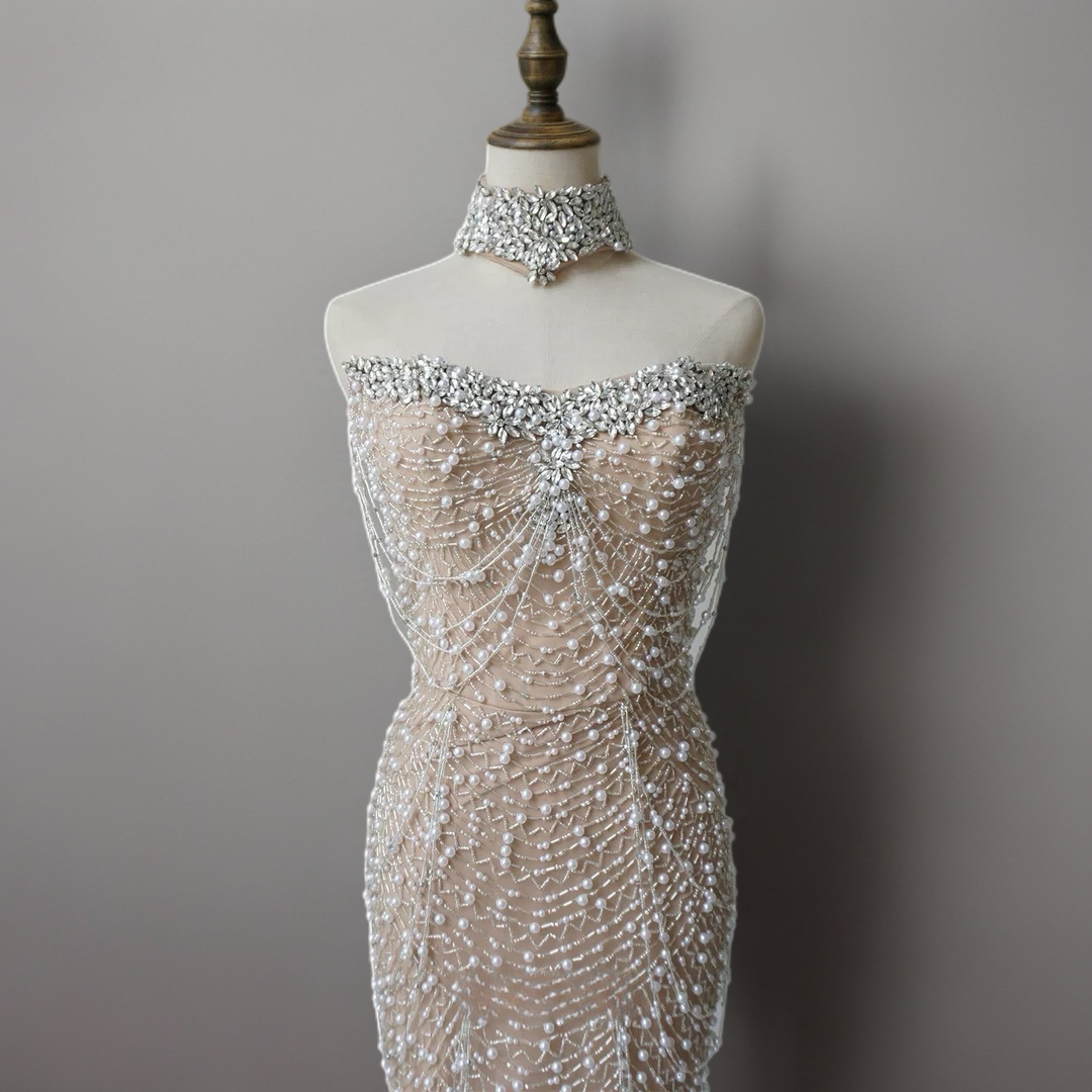 Nude Strapless Glitter Dress -  Beaded Evening Dress with White Satin Wrap – Embellished Gown Plus Size