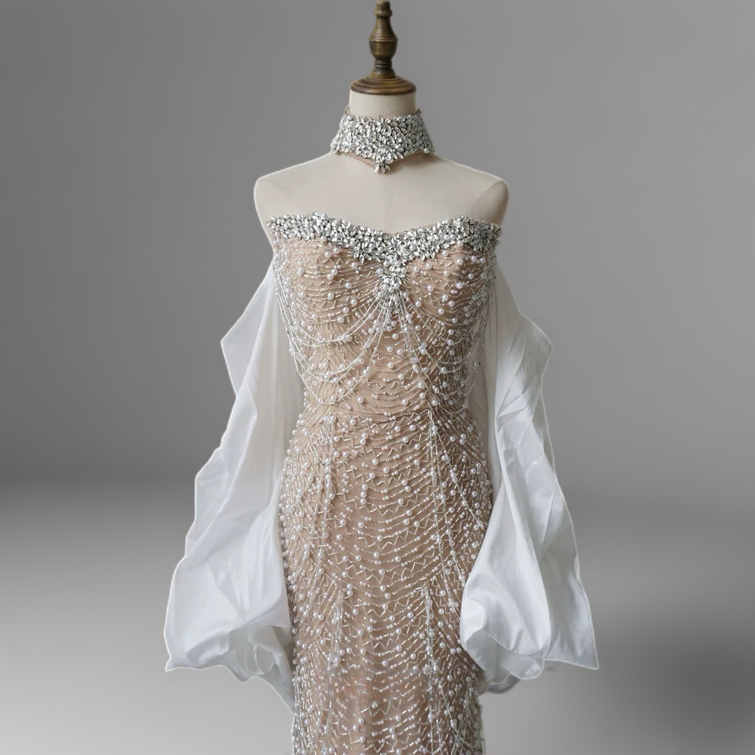 Nude Strapless Glitter Dress -  Beaded Evening Dress with White Satin Wrap – Embellished Gown Plus Size