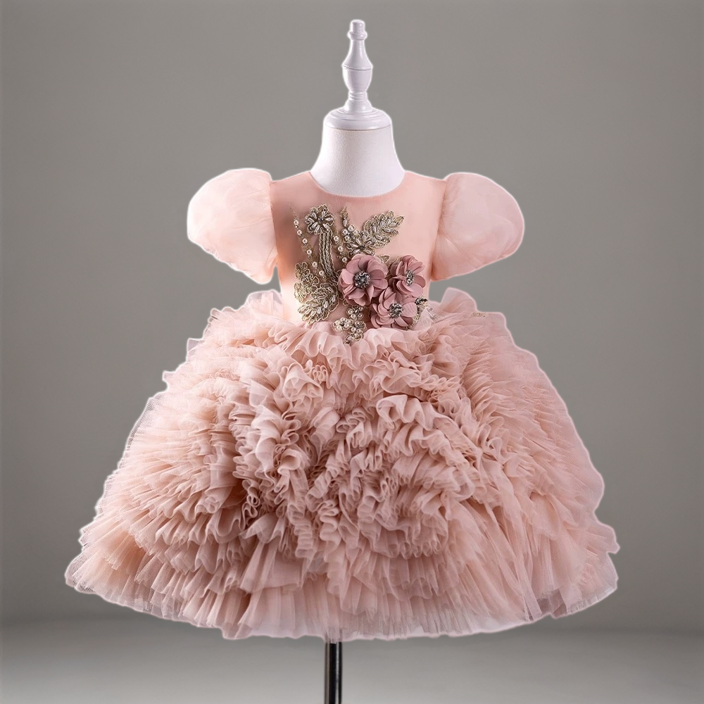 Blush Pink Ruffled Tulle Toddler Flower Girl Dress with Puff Sleeves – Baby Flower Girl Dress Plus Size