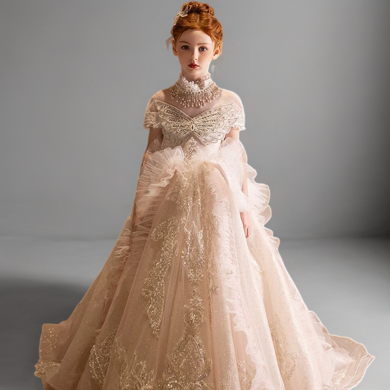 Champagne Ruffled Lace Flower Girl Dress with Train – Elegant Long Sleeve Flower Girl Dress Plus Size