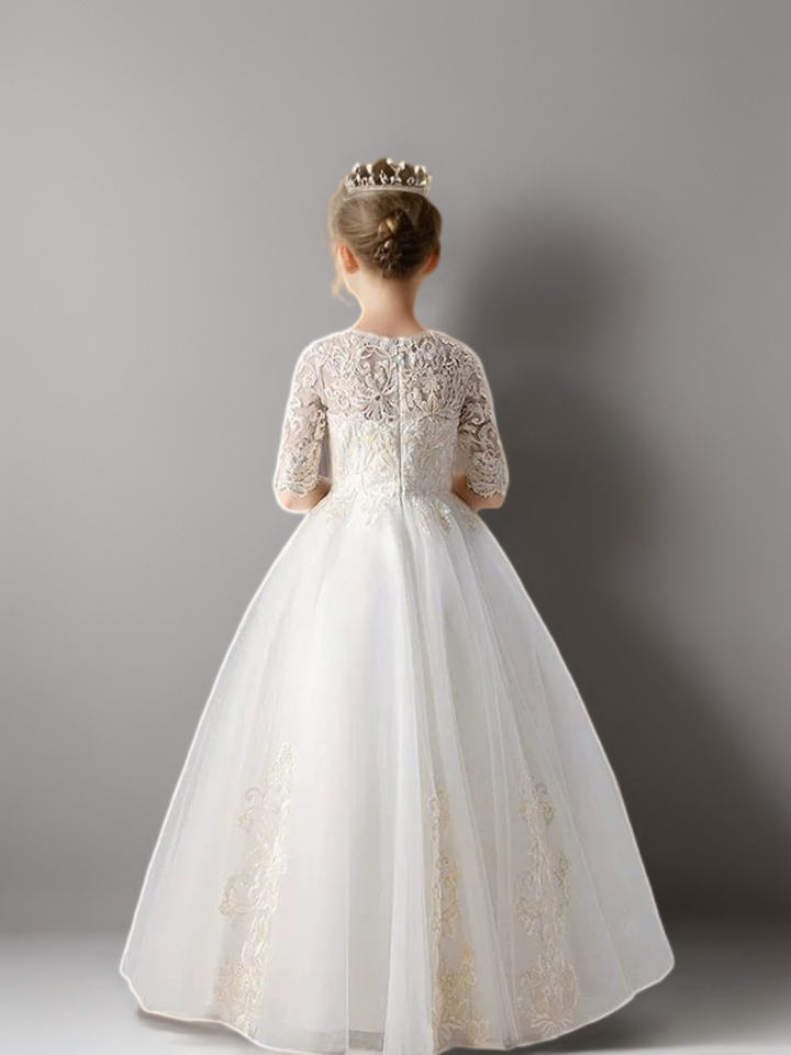 White Lace Flower Girl Dress with Half Sleeves and Embroidery – Elegant Tulle Princess Dress Plus Size