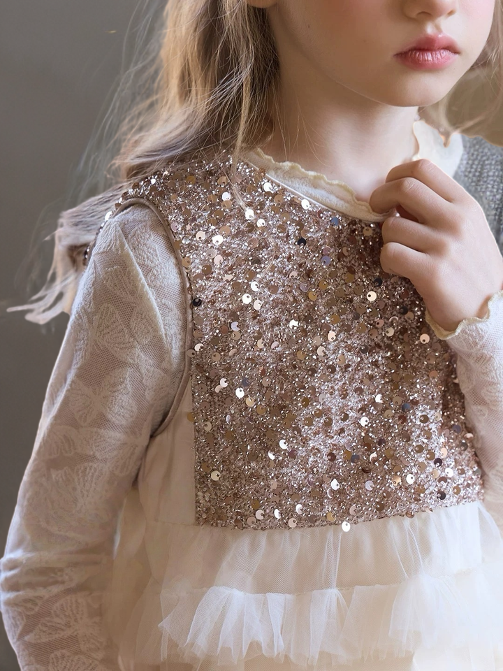 Champagne Sequin Bodice Flower Girl Dress with Layered Tulle Skirt – Special Occasion Flower Girl Dress Plus Size