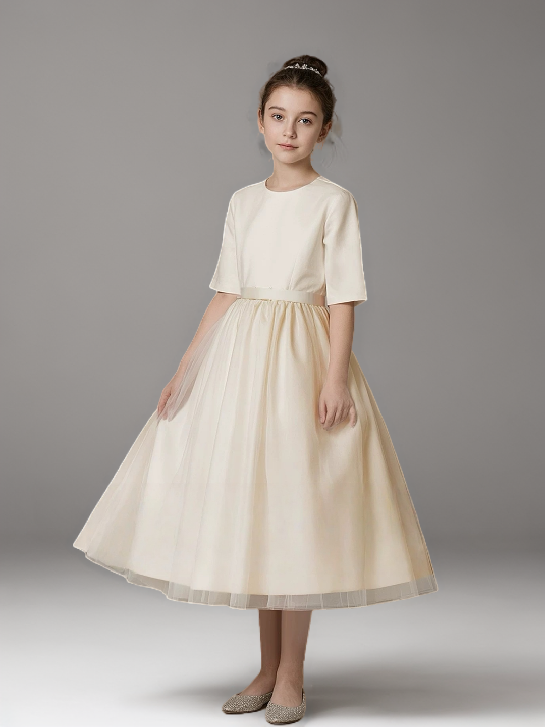 Champagne Satin and Tulle Flower Girl Dress with Half Sleeves – Elegant Tea Length Flower Girl Dress Plus Size