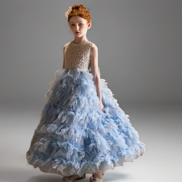 Blue Feather Tulle Flower Girl Dress with Pearl Bodice – Special Occasion Flower Girl Dress Plus Size