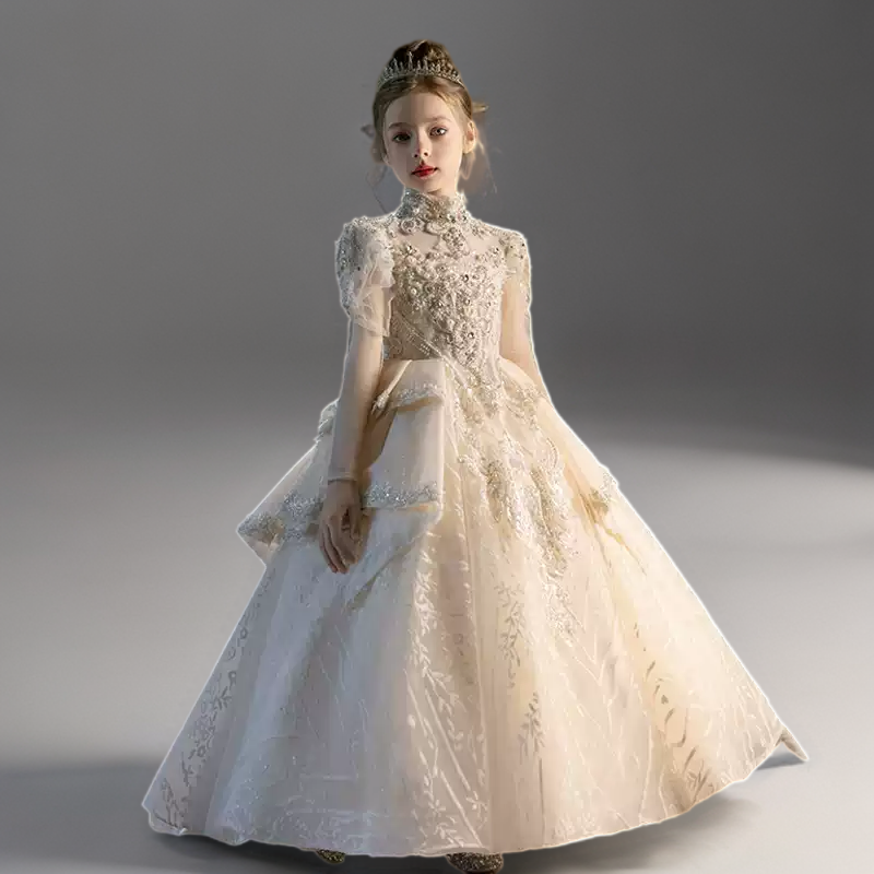 Champagne Embellished Lace Flower Girl Dress with Train Long Sleeve WonderlandByLilian Champagne Embellished Lace Flower Girl Dress with Train Long Sleeve WonderlandByLilian