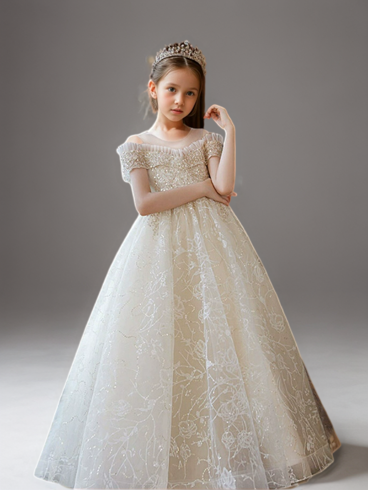 Champagne Off Shoulder Flower Girl Dress with Beaded Bodice – Lace Flower Girl Dress with Tulle Plus Size
