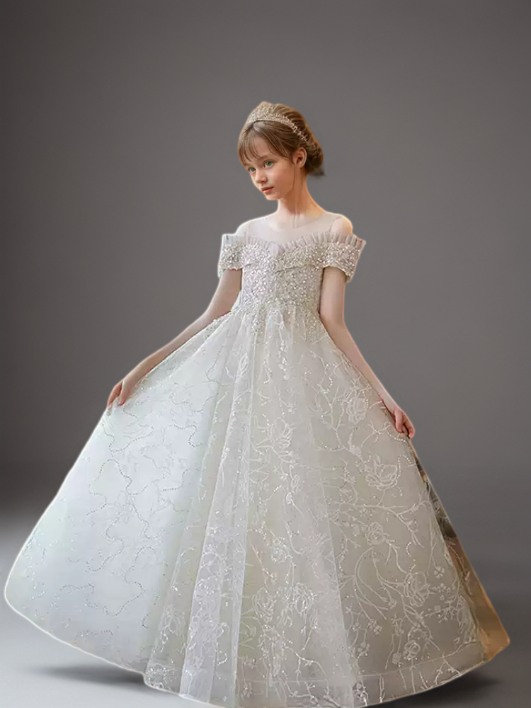 Champagne Off Shoulder Flower Girl Dress with Beaded Bodice – Lace Flower Girl Dress with Tulle Plus Size