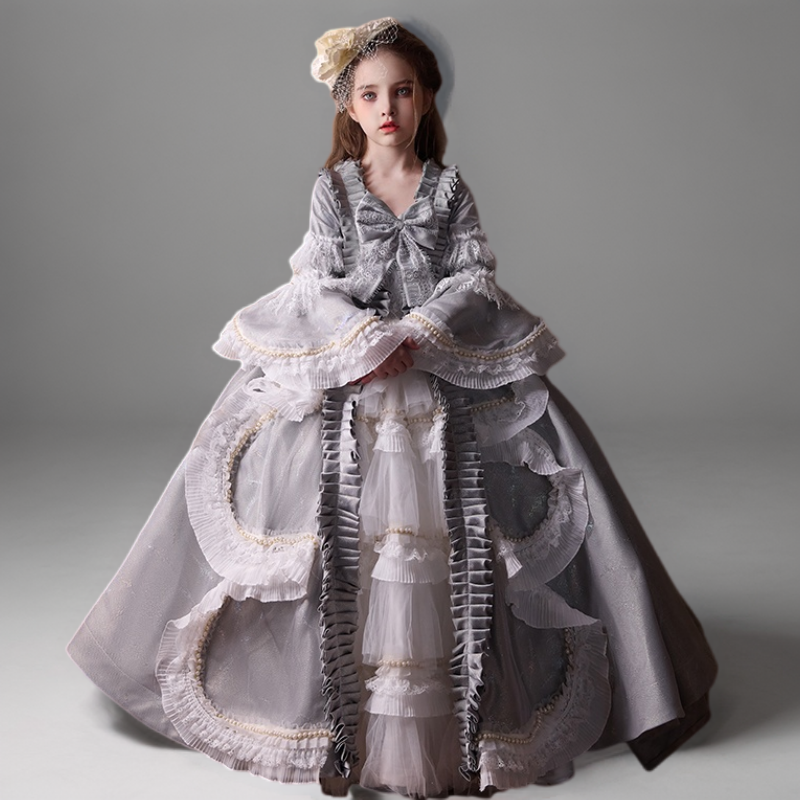 Grey Rococo Inspired Flower Girl Dress with Lace Ruffles – Long Sleeve Flower Girl Dress Plus Size