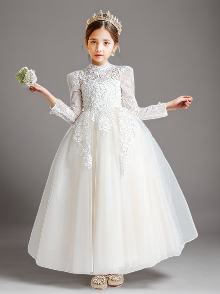White High Neck Lace Flower Girl Dress with Long Sleeves – Elegant Tulle Flower Girl Dress Plus Size