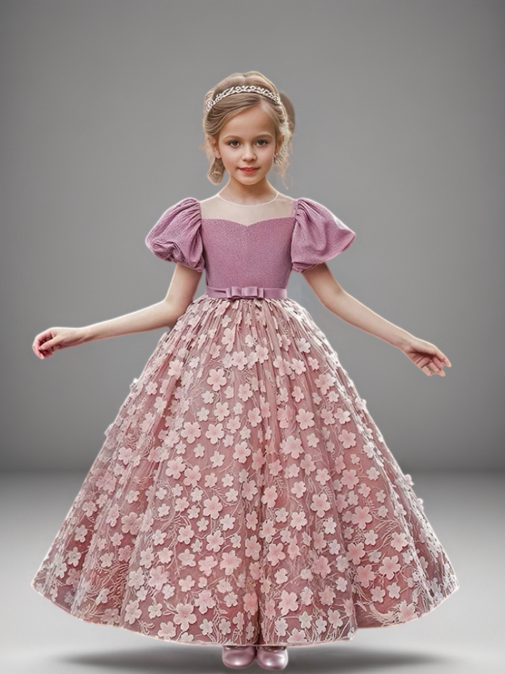 Mauve Rose Pink Puff Sleeve Flower Girl Dress with Floral Appliqué – Elegant Tulle Flower Girl Dress Plus Size