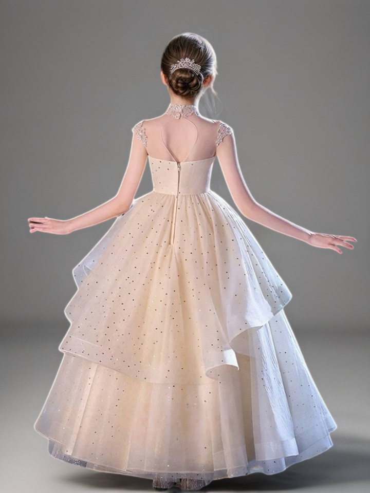 Champagne Layered Tulle Flower Girl Dress with Beaded Bodice – Elegant Sparkly Flower Girl Dress Plus Size