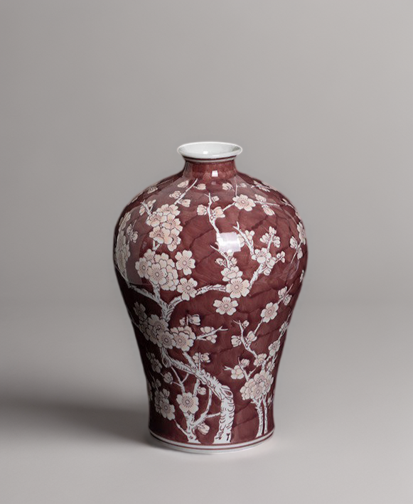 Oriental Vermilion Handmade Porcelain Vase with Royal Red Glaze Imported from France