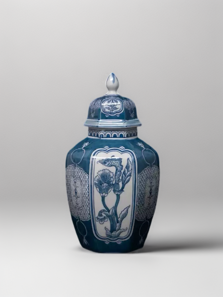 Antique Handmade Blue and White Porcelain Vase with Hand Painted Floral and Pomegranate Design