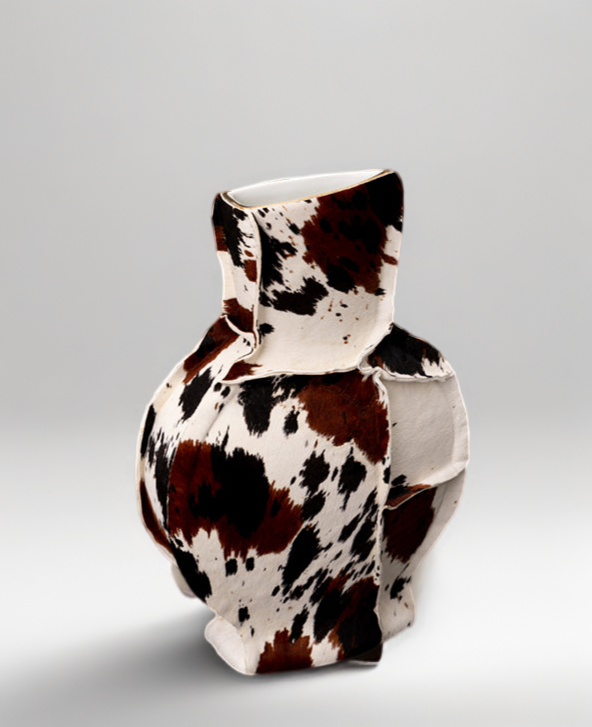 Handmade Italian Limited Edition Cowhide Leather Ceramic Vase