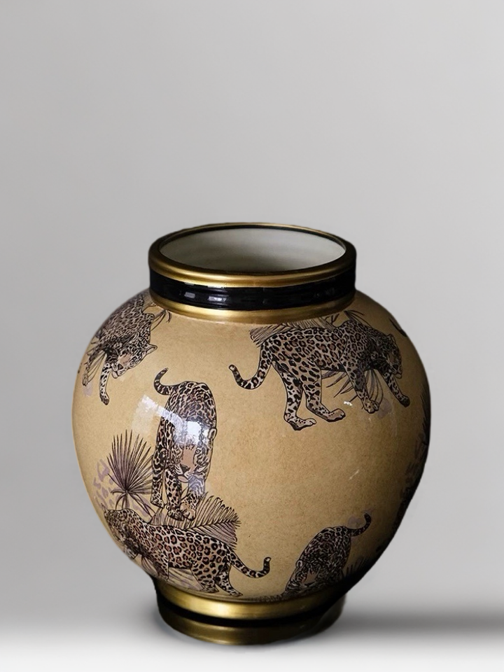 Vintage-Inspired Handmade French Painted Ceramic Leopard Vase