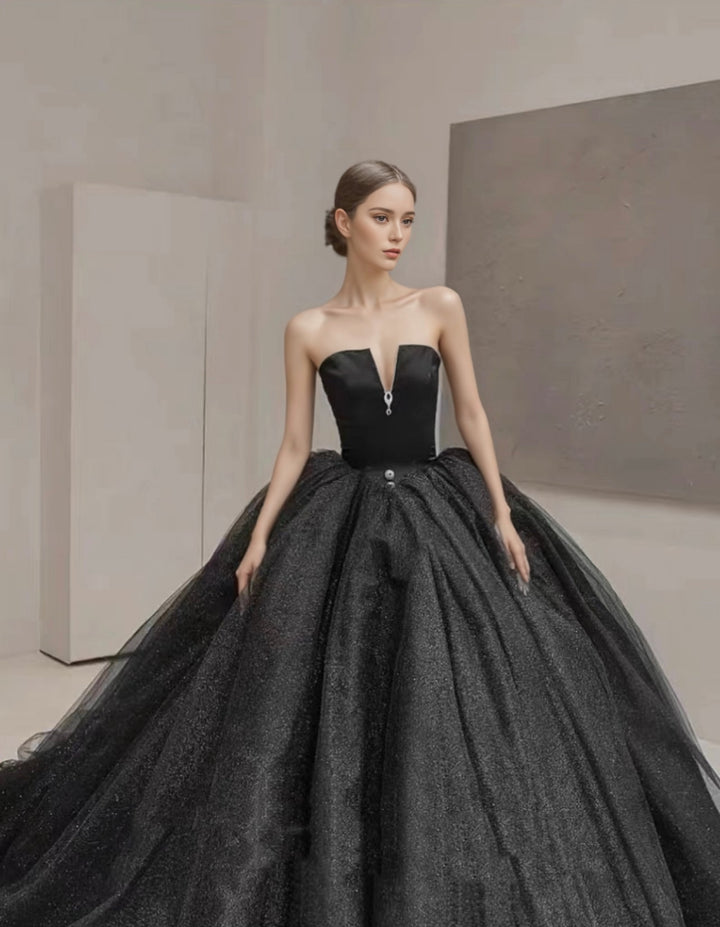 Gothic Off Shoulder Black Deep V-neck Wedding Dress With Train Ball Gown Plus Size